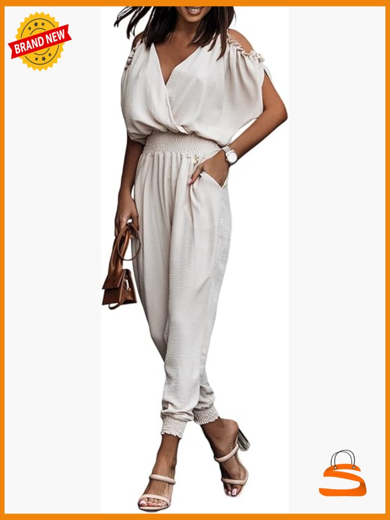 Large Cold Shoulder Jumpsuit, V-Neck Backless, Elastic Waist, Summer Romper